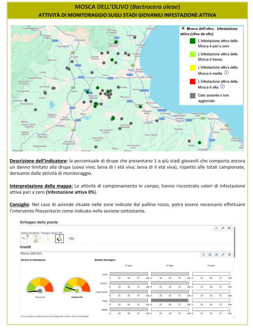 Mappa infestazione attiva Mosca dell'olivo – Cosenza, bollettino N° 11 del 07/09/2026