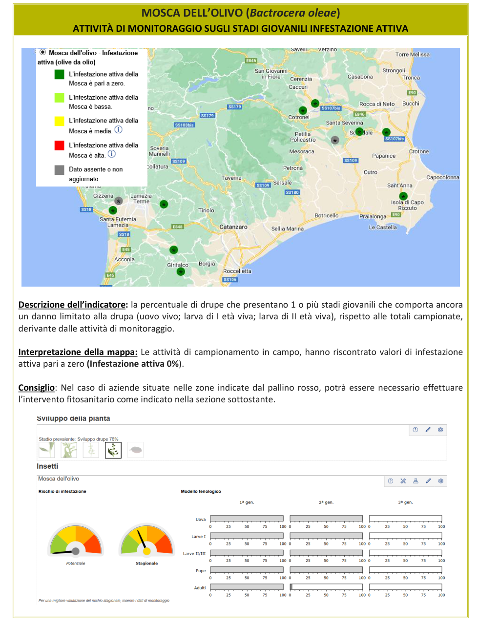Mappa infestazione attiva Mosca dell'olivo – Crotone, Catanzaro, Basso Tirreno Cosentino, bollettino N° 11 del 07/09/2026