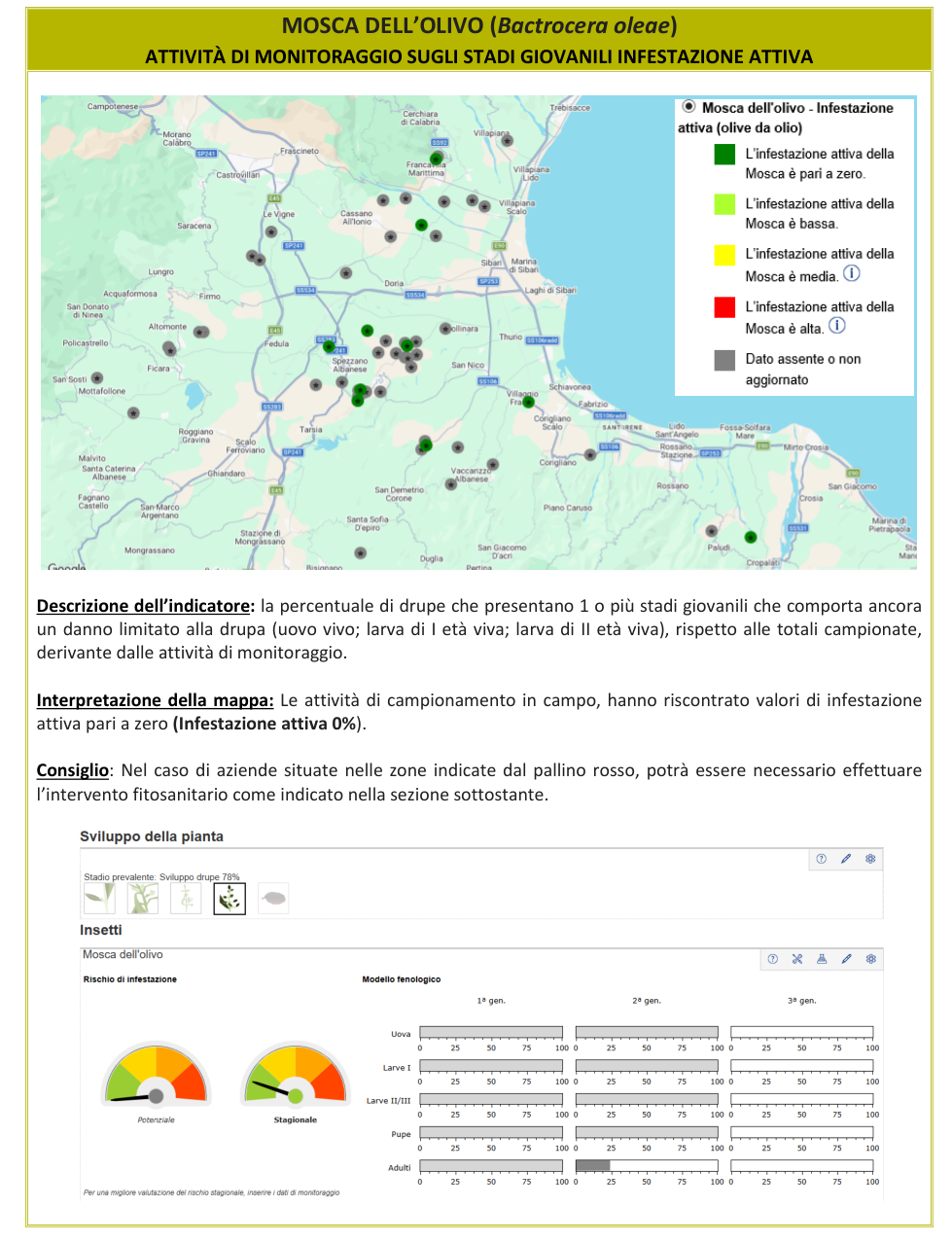 Mappa infestazione attiva Mosca dell'olivo – Cosenza, bollettino N° 12 del 14/09/2026