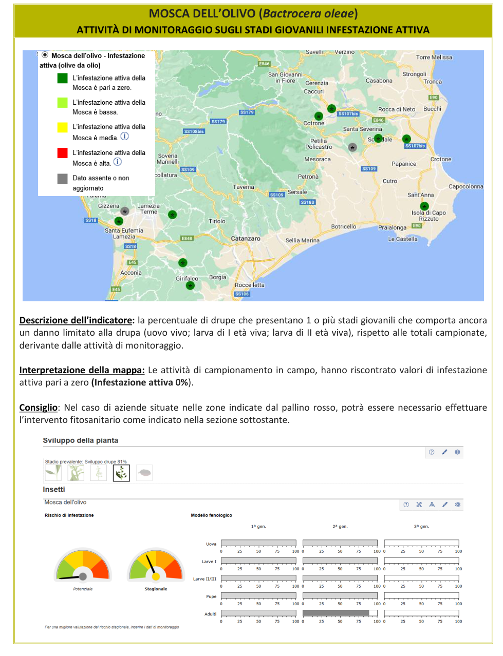 Mappa infestazione attiva Mosca dell'olivo – Crotone, Catanzaro, Basso Tirreno Cosentino, bollettino N° 12 del 14/09/2026