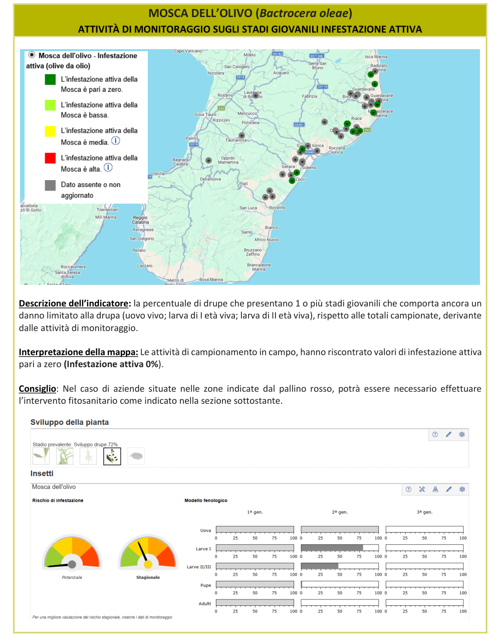 Mappa infestazione attiva Mosca dell'olivo – Reggio Calabria, bollettino N° 12 del 14/09/2026
