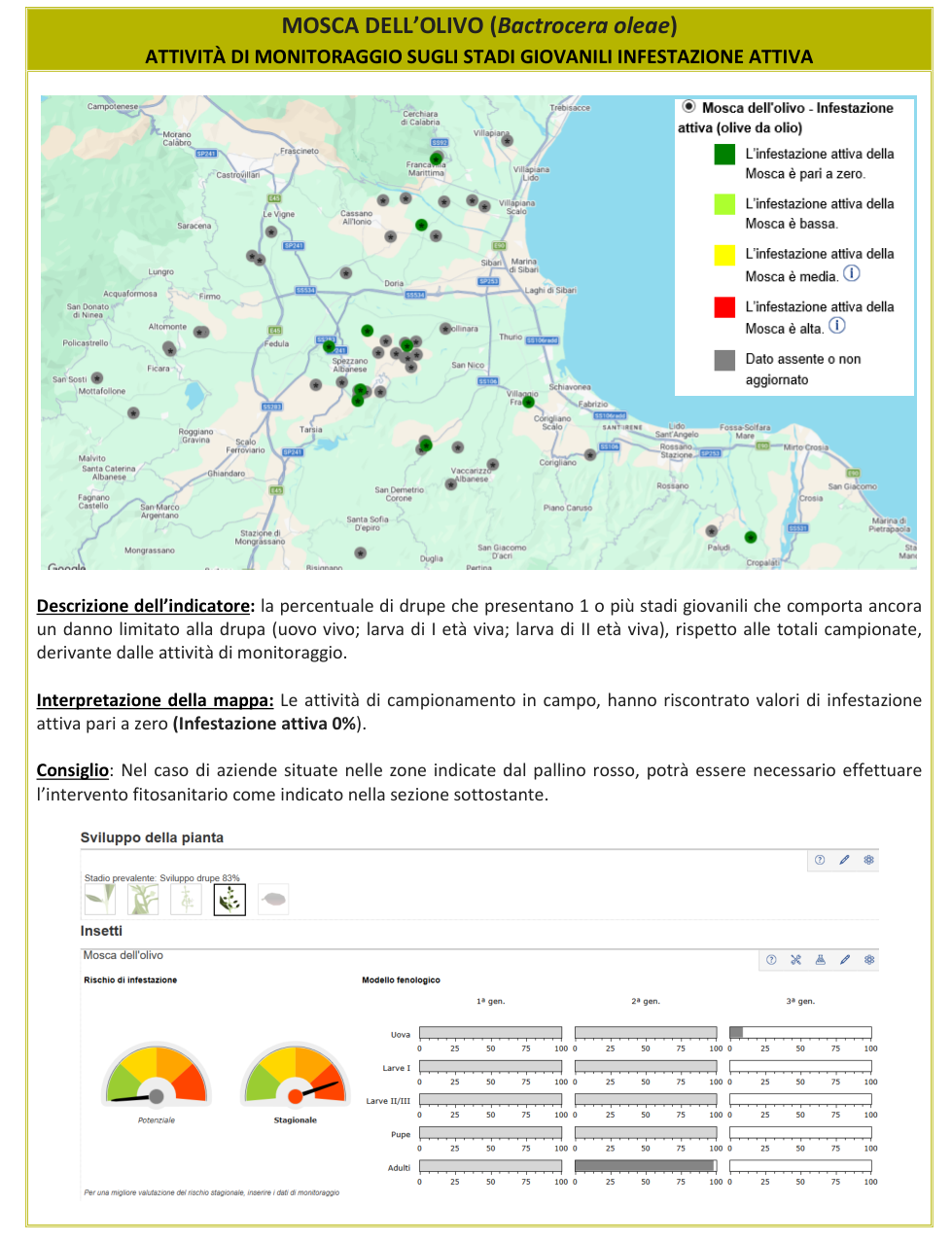 Mappa infestazione attiva Mosca dell'olivo – Cosenza, bollettino N° 13 del 21/09/2026