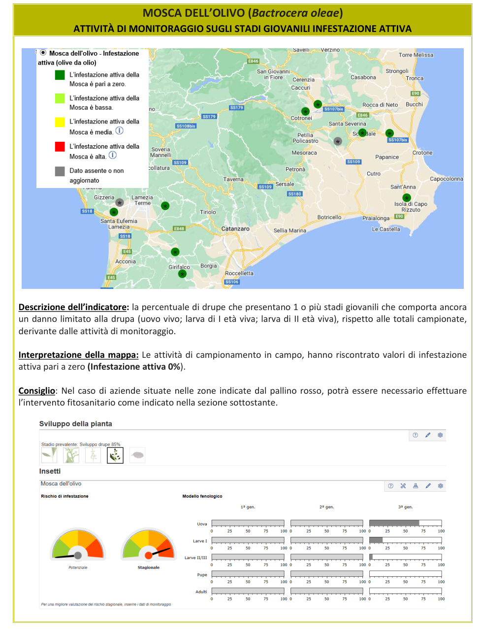 Mappa infestazione attiva Mosca dell'olivo – Crotone, Catanzaro, Basso Tirreno Cosentino, bollettino N° 13 del 21/09/2026