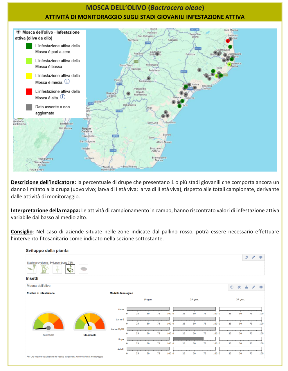 Mappa infestazione attiva Mosca dell'olivo – Reggio Calabria, bollettino N° 13 del 21/09/2026