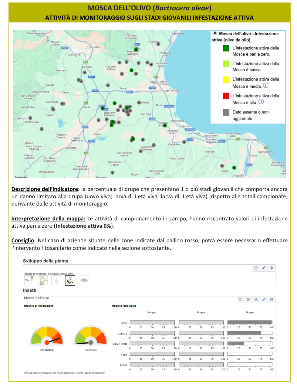 Mappa infestazione attiva Mosca dell'olivo – Cosenza, bollettino N° 15 del 05/10/2026