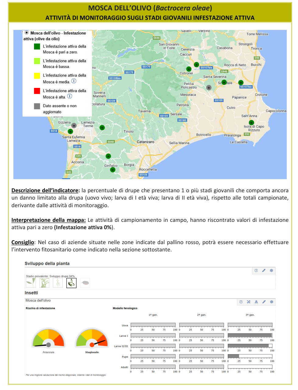 Mappa infestazione attiva Mosca dell'olivo – Crotone, Catanzaro, Basso Tirreno Cosentino, bollettino N° 15 del 05/10/2026