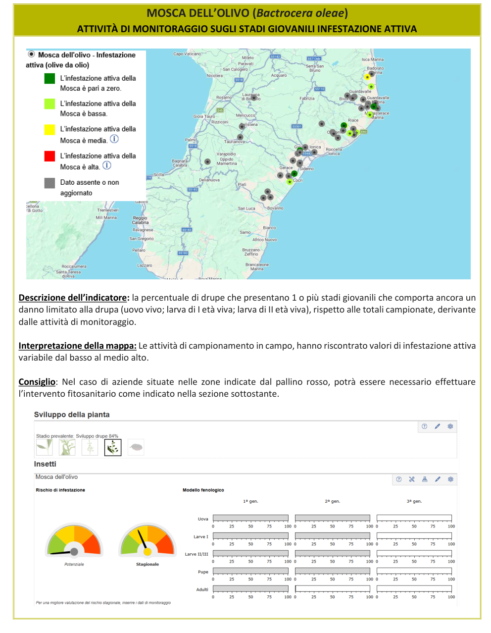 Mappa infestazione attiva Mosca dell'olivo – Reggio Calabria, bollettino N° 15 del 05/10/2026