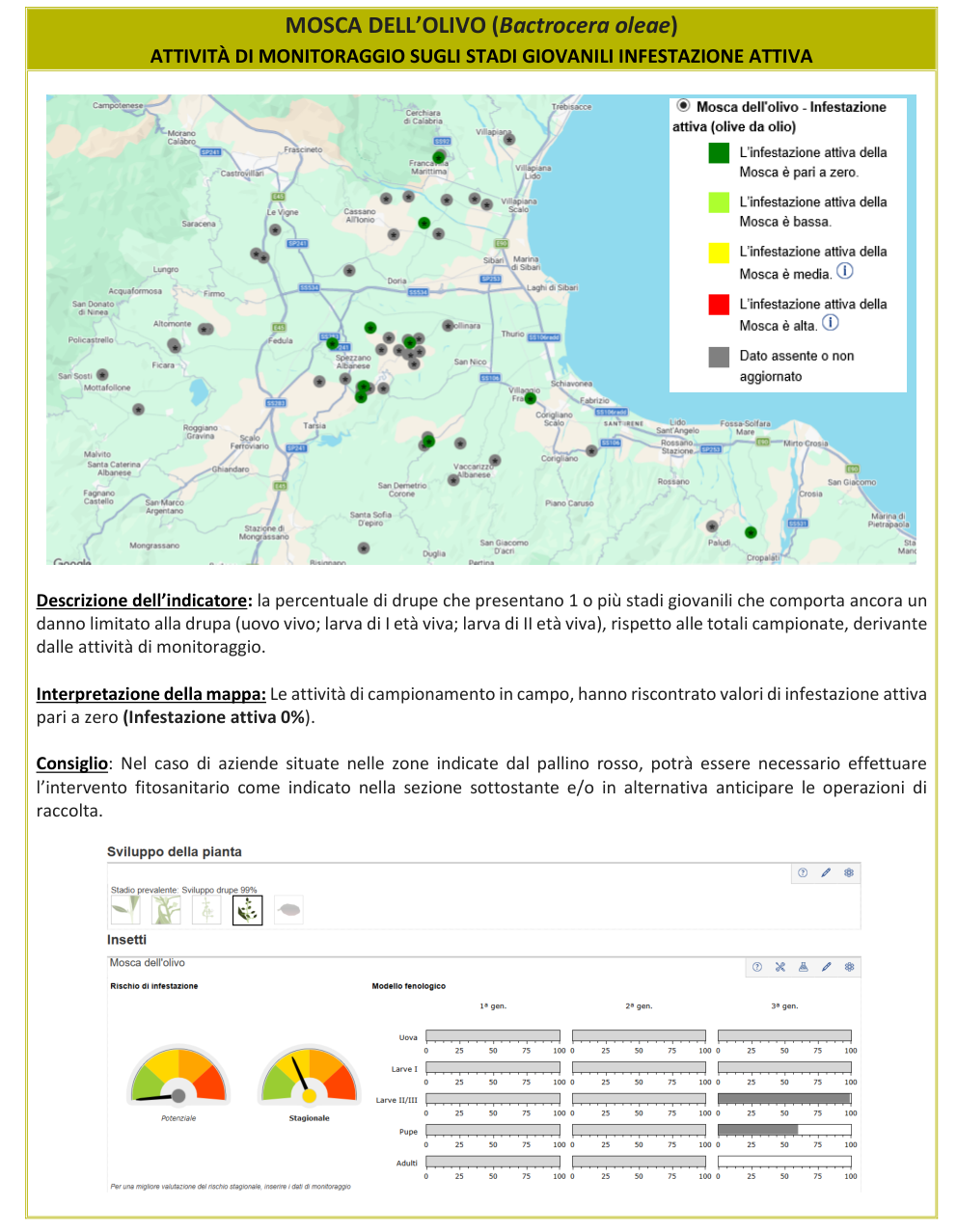 Mappa infestazione attiva Mosca dell'olivo – Cosenza, bollettino N° 16 del 12/10/2026