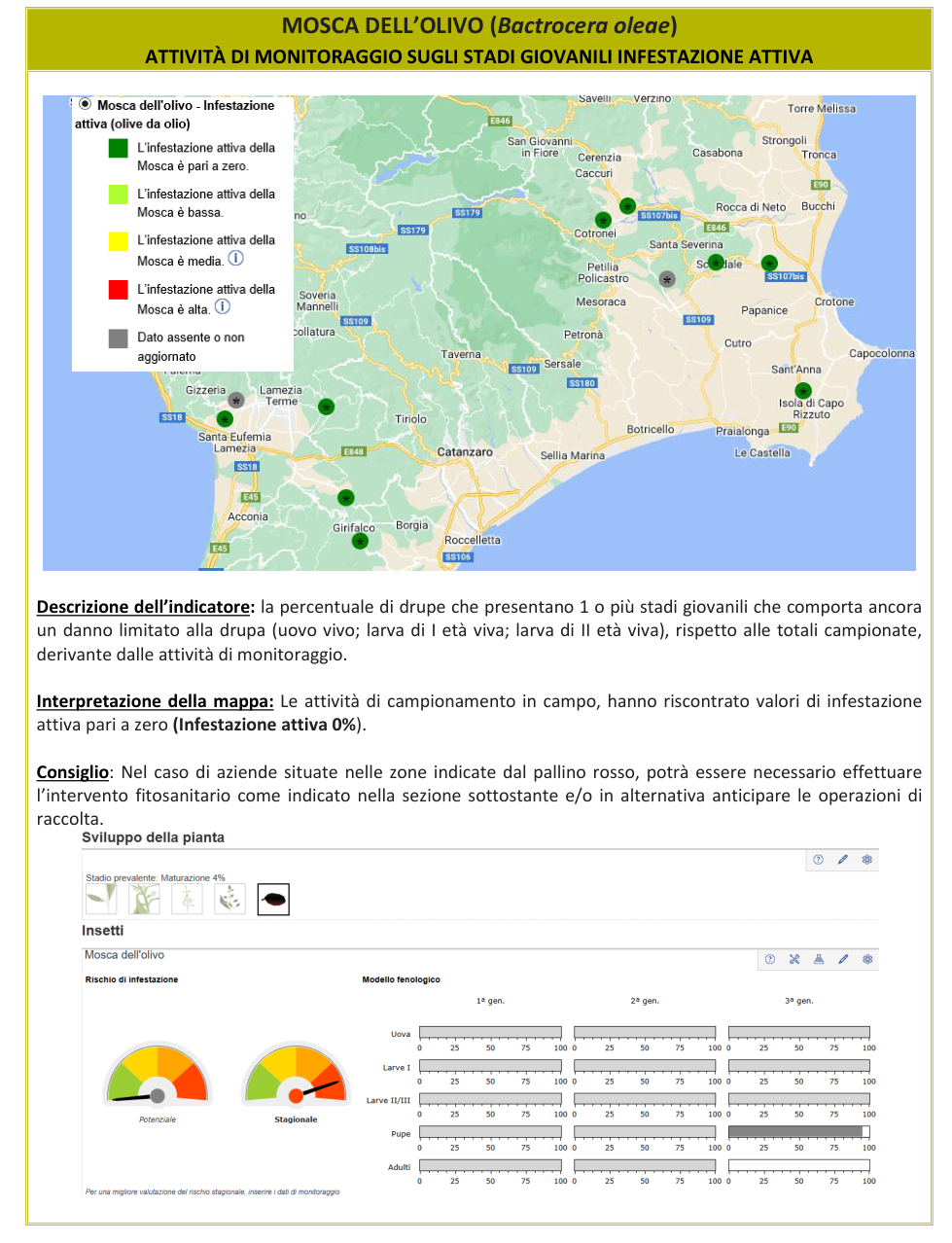 Mappa infestazione attiva Mosca dell'olivo – Crotone, Catanzaro, Basso Tirreno Cosentino, bollettino N° 16 del 12/10/2026