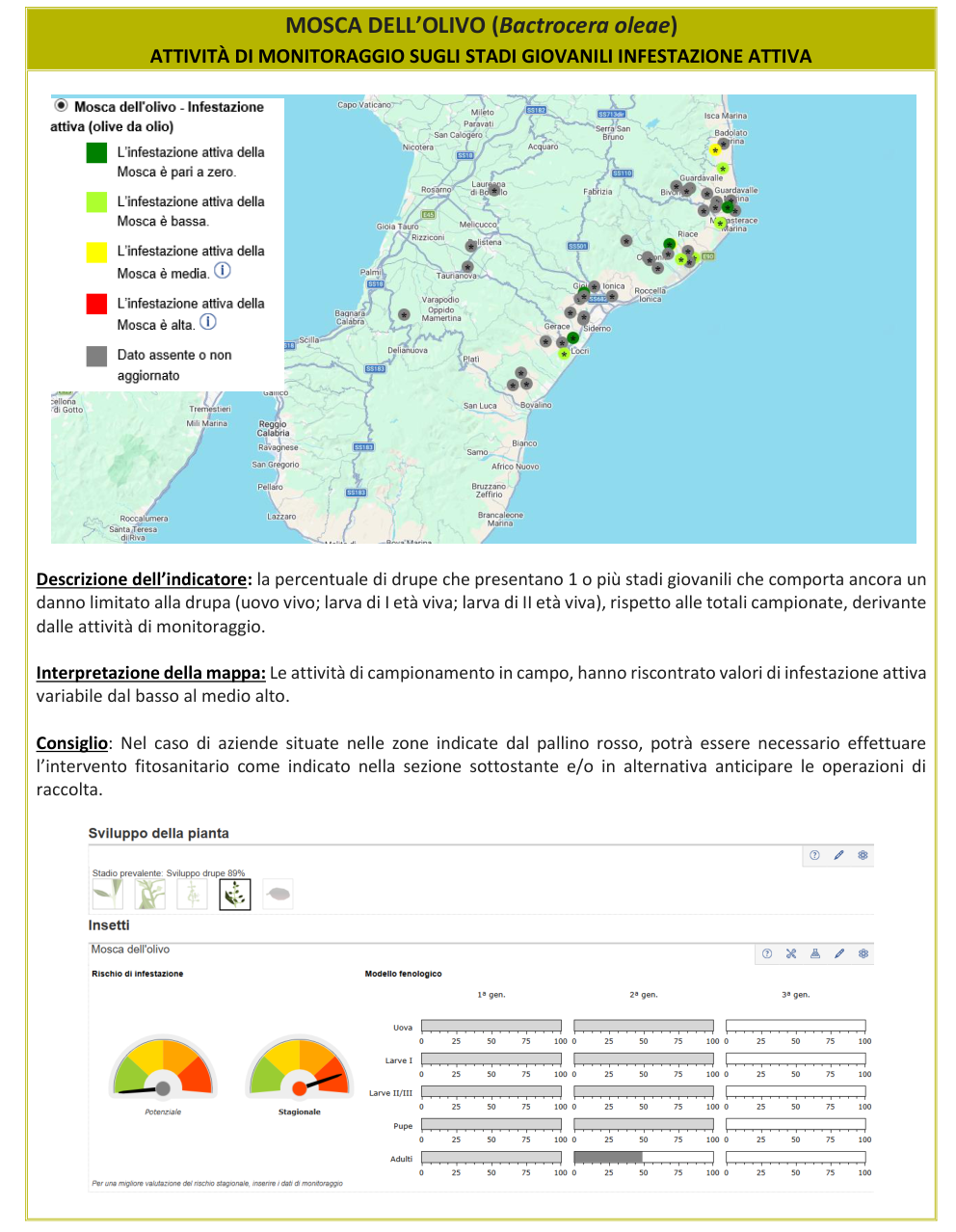Mappa infestazione attiva Mosca dell'olivo – Reggio Calabria, bollettino N° 16 del 12/10/2026